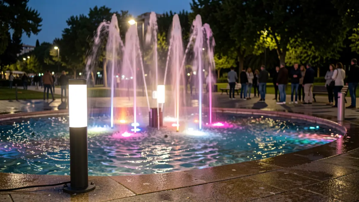 Imagen genérica de una fuente iluminada con luces LED por la noche en un parque urbano.
