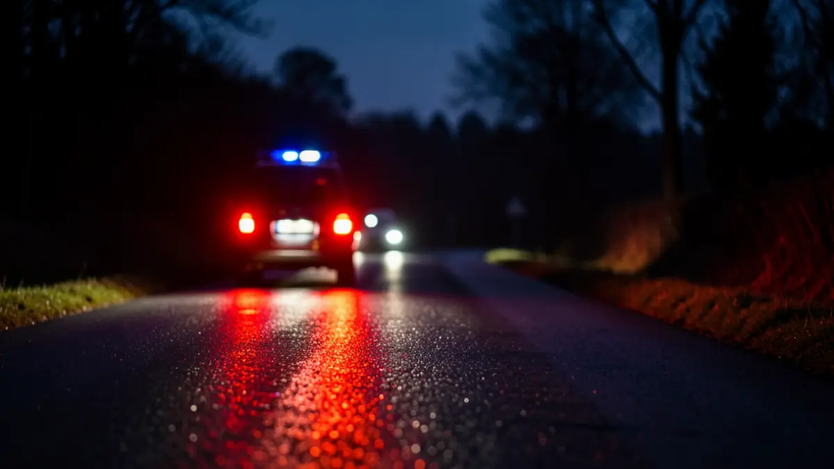 Imagen genérica de luces de emergencia en asfalto mojado por la noche.