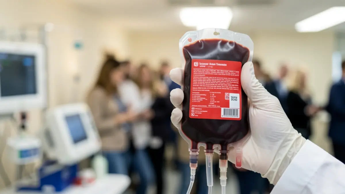 Bolsa de sangre en primer plano con etiqueta roja, sostenida por una mano enguantada.