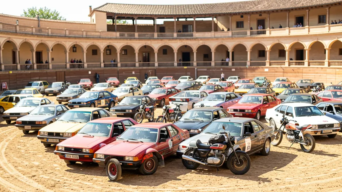 Dozens of classic cars and motorcycles over three decades old displayed in the arena of the La Candelaria Bullring in Valdemorillo.