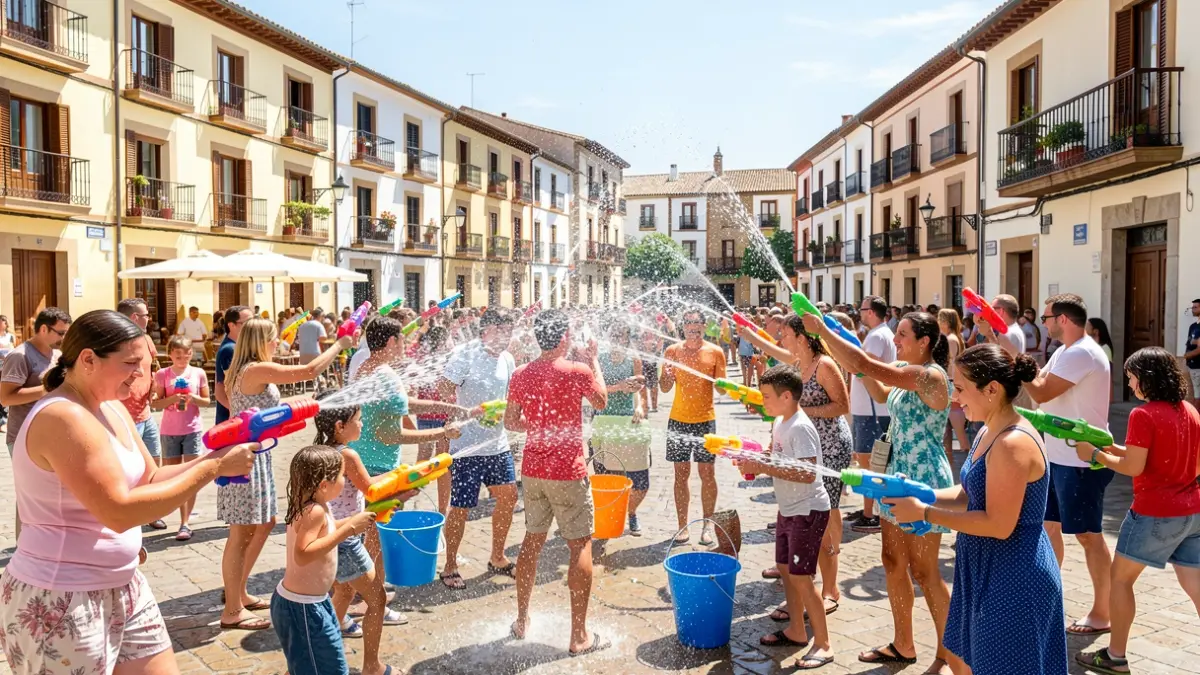 Generic image of a large-scale water fight in a Spanish town square during a festival.
