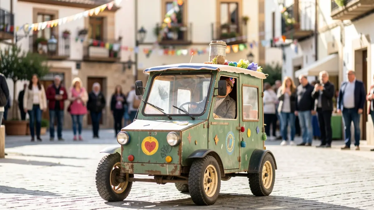 Coche de autos locos artesanal en Valdemorillo, con decoración festiva al fondo.