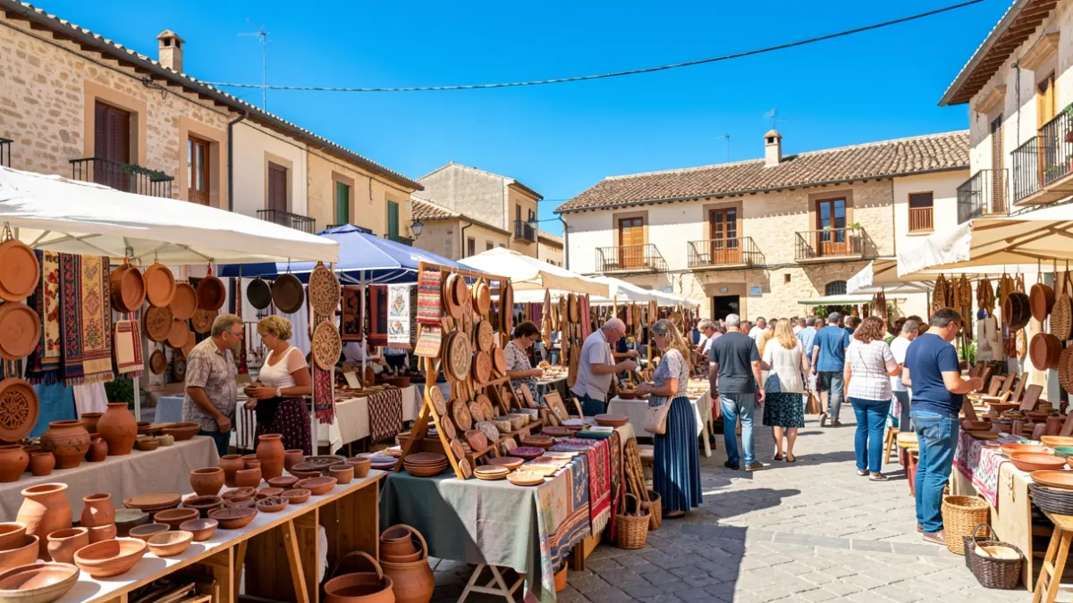 Mercado de artesanía en una plaza de Valdemorillo con puestos de cerámica, tela y madera.