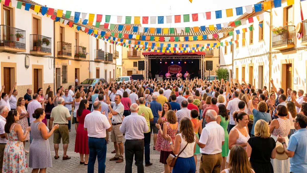 Valdemorillo town square full of people celebrating the September Festivals with colorful decorations and a festive atmosphere.