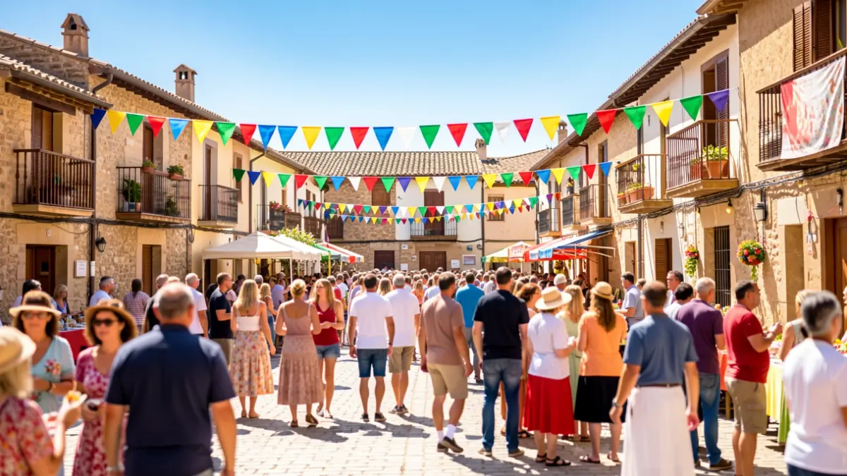 Imagen genérica de una plaza de pueblo español durante unas fiestas locales, con ambiente festivo.