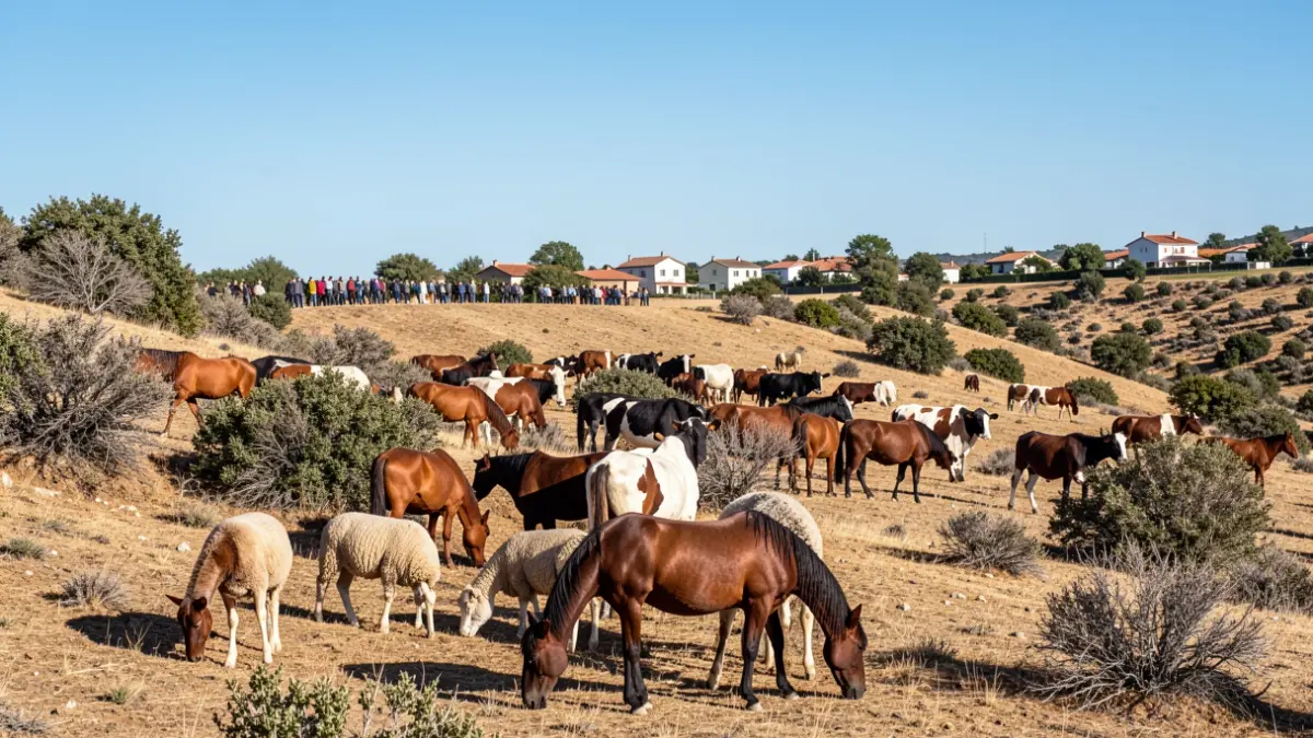 Imagen genérica de ganado pastando en una ladera con casas al fondo.