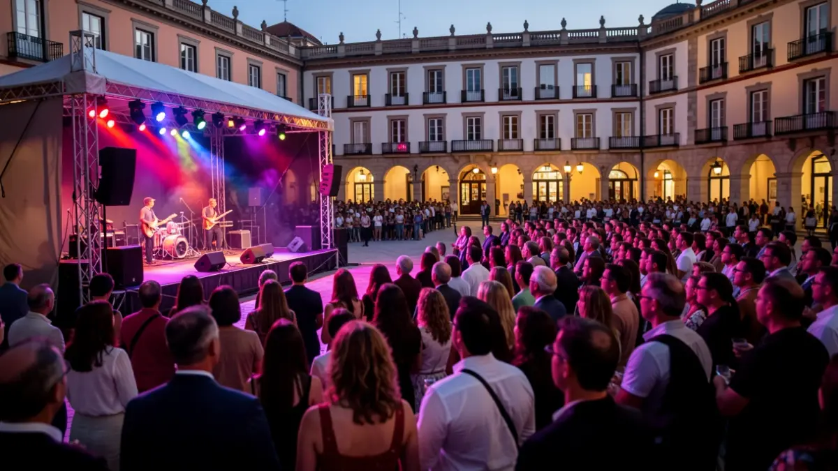 Escena de un escenario al aire libre en Madrid durante el atardecer, con luces de colores y público difuminado.