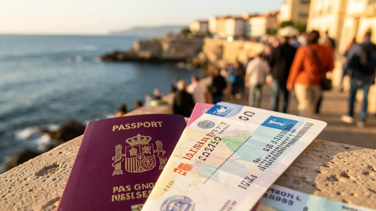 Close-up of a Spanish passport and a travel voucher with a blurred background of a Spanish coastline.