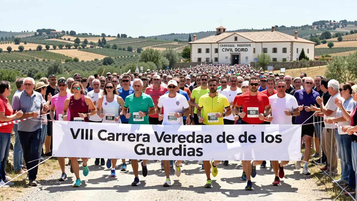 Image of runners crossing the finish line of the VIII Carrera Vereda de los Guardias, with the Civil Guard barracks in the background.