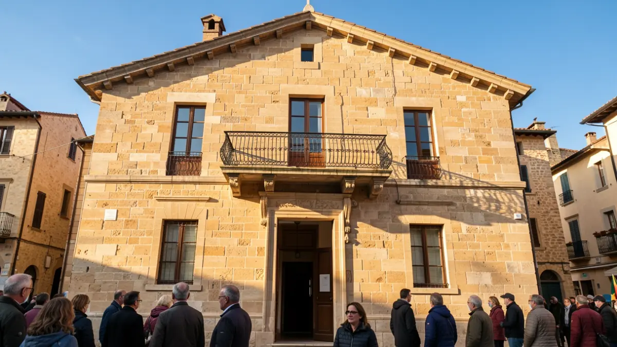 Facade of a traditional stone town hall with an ornate balcony and iron railings, in warm afternoon light.