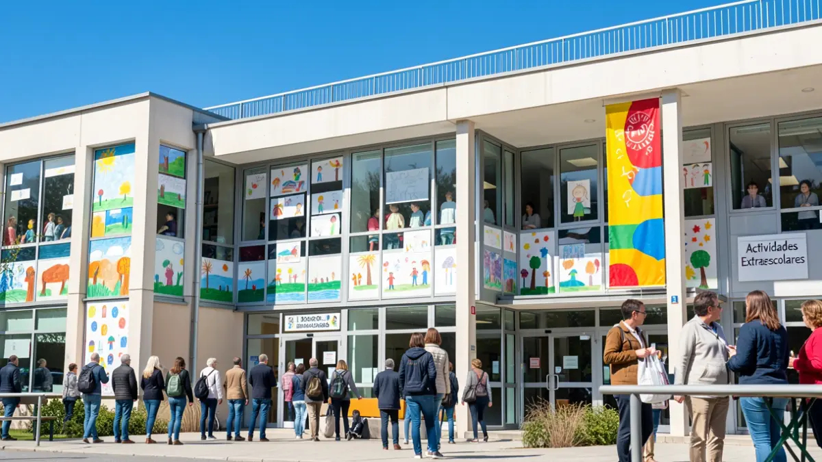 Generic image of a school entrance with extracurricular activity posters.