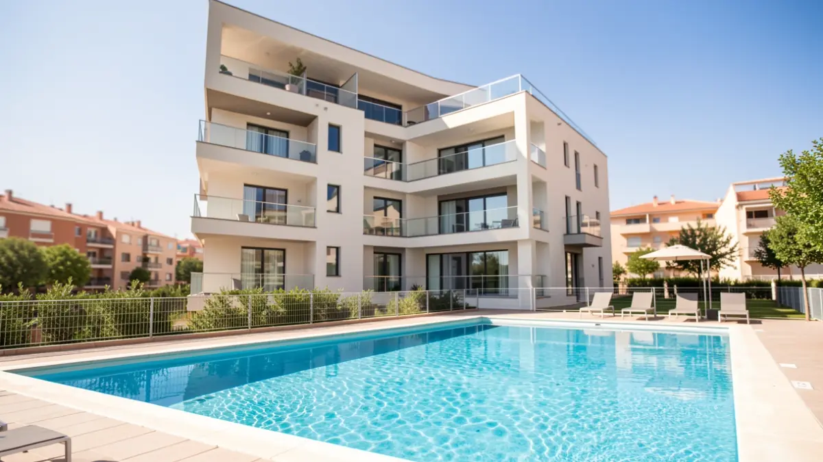 Edificio residencial moderno con balcones y piscina en Velilla de San Antonio.