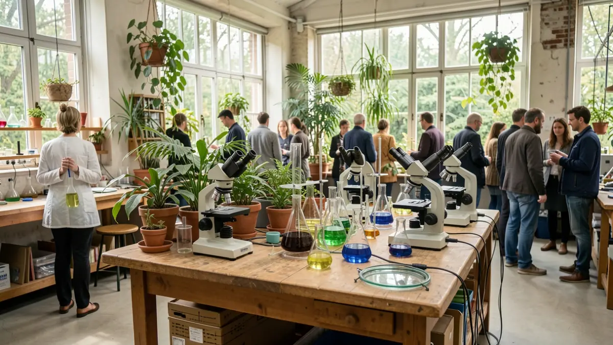 Imagen genérica de un laboratorio botánico con equipos de investigación y plantas.