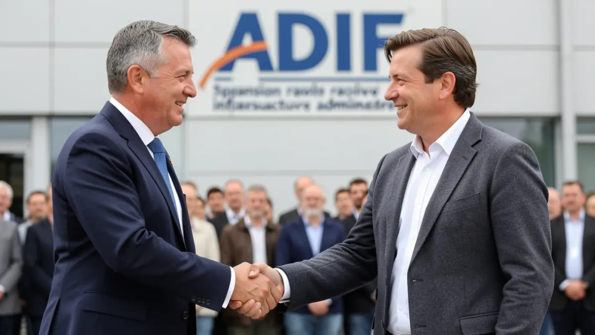 Imagen genérica de dos alcaldes dándose la mano frente a un logo de ADIF.