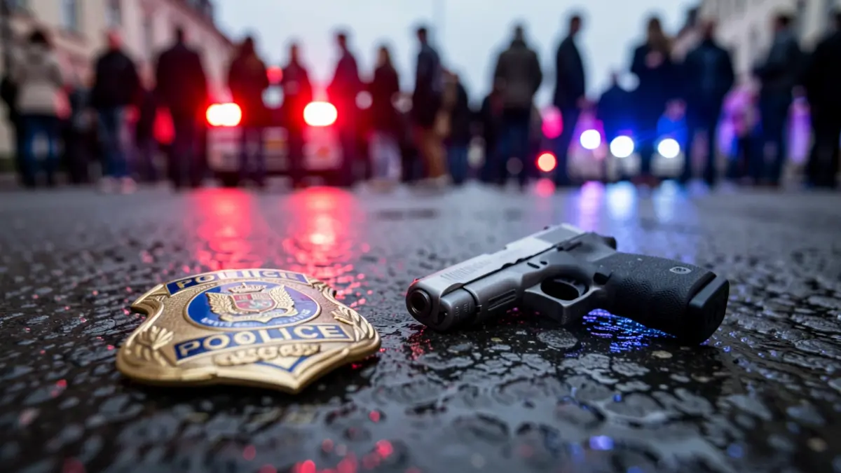 Close-up of a police badge and a handgun on wet asphalt with blurred emergency lights.