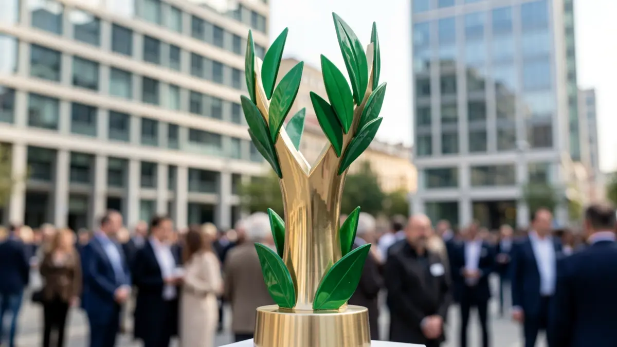 Award trophy for the Community of Madrid Environmental Award with Madrid office buildings in the background.