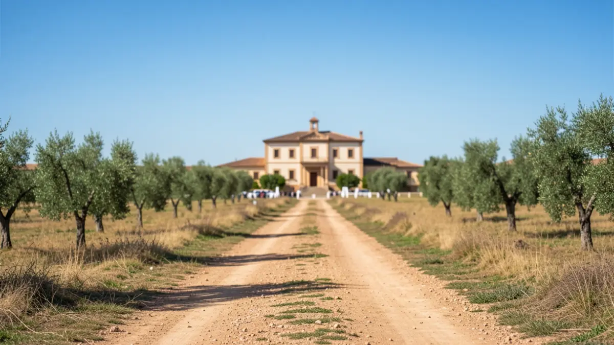 Imagen genérica de un paisaje rural en la Comunidad de Madrid con un camino y un edificio consistorial al fondo.