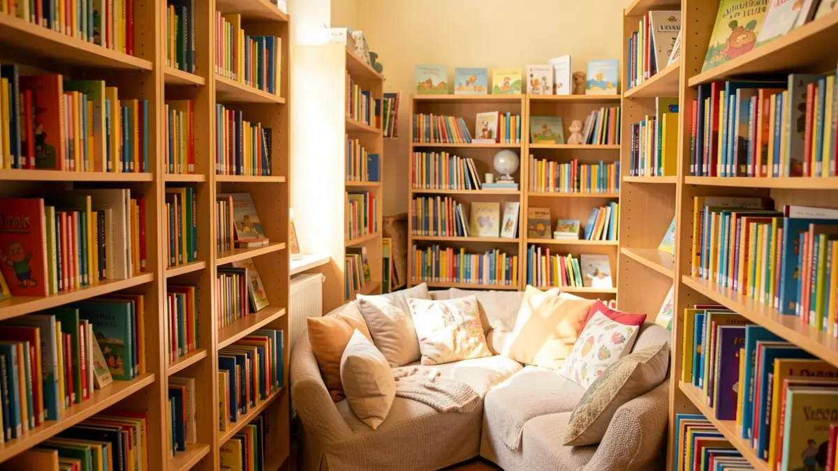 Generic image of a cozy children's library with bookshelves full of books and a reading corner.