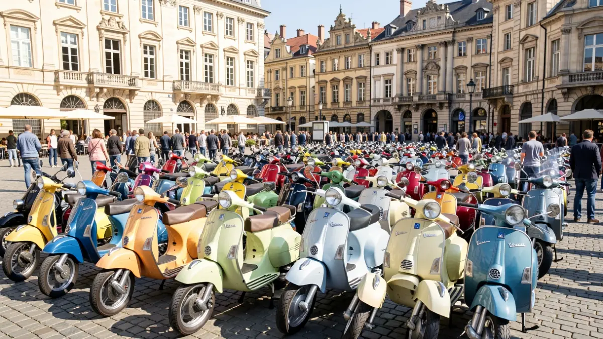 Concentración de Vespas clásicas en la plaza de Cervantes de Alcalá de Henares.