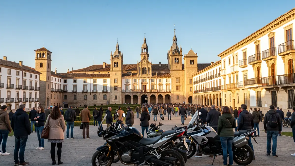Imagen de la ciudad de Alcalá de Henares con motocicletas, representando el evento de mototurismo.