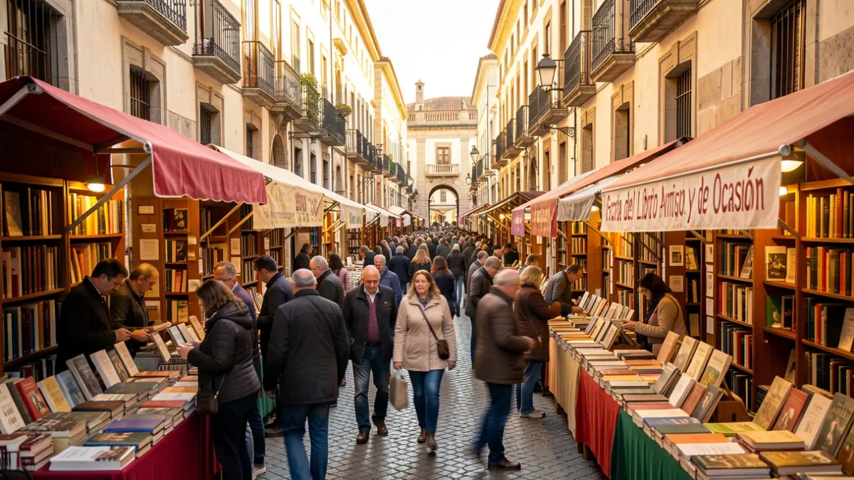 Imagen de la Feria del Libro Antiguo y de Ocasión en Alcalá de Henares, con puestos de libros antiguos en la calle Libreros.