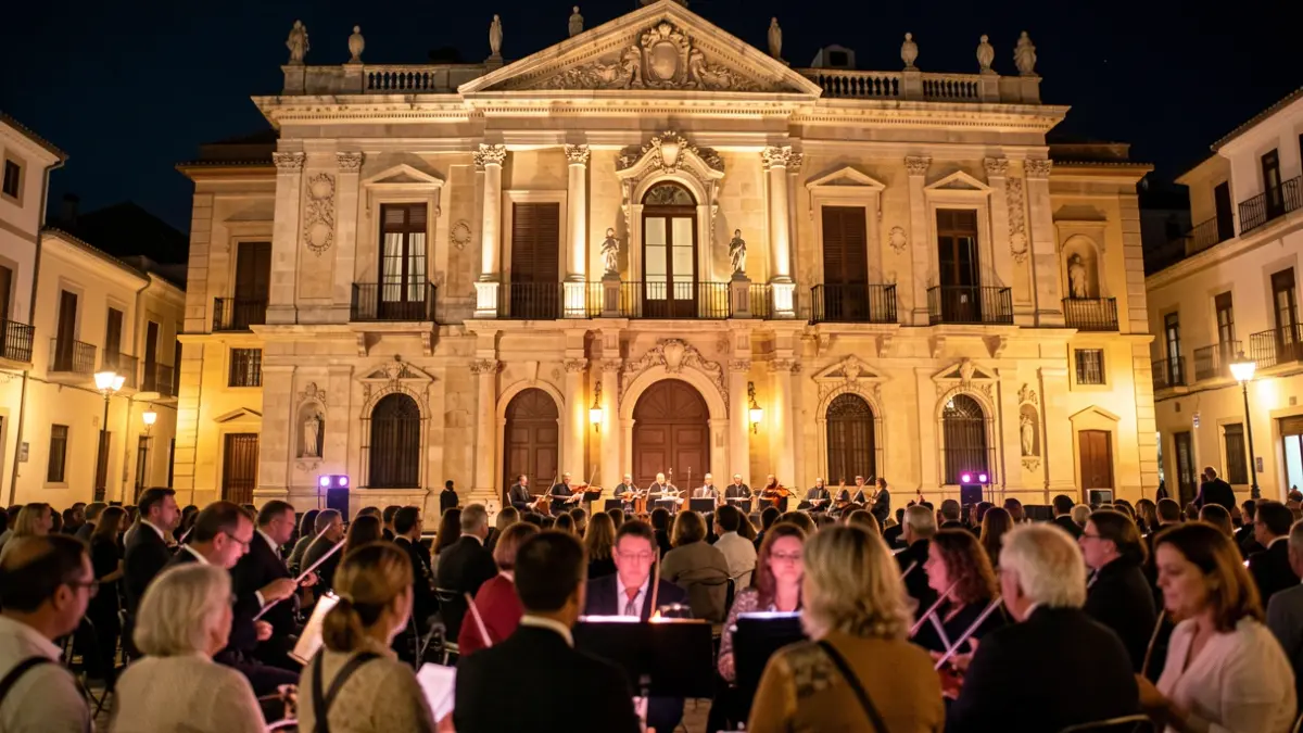 Facade of a historic building in Alcalá de Henares illuminated at night during a cultural event.