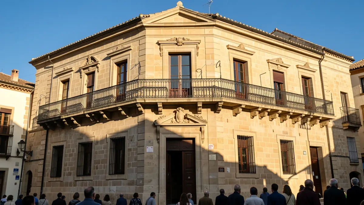 Facade of the Alcalá de Henares City Hall with ornate balconies and iron railings, under warm afternoon light.