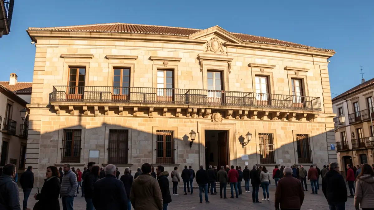 Facade of a town hall in Alcalá de Henares with ornate balconies under the afternoon sun.