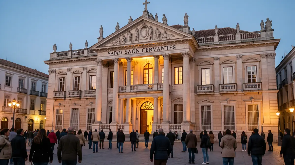 Facade of the Teatro Salón Cervantes in Alcalá de Henares illuminated at dusk.