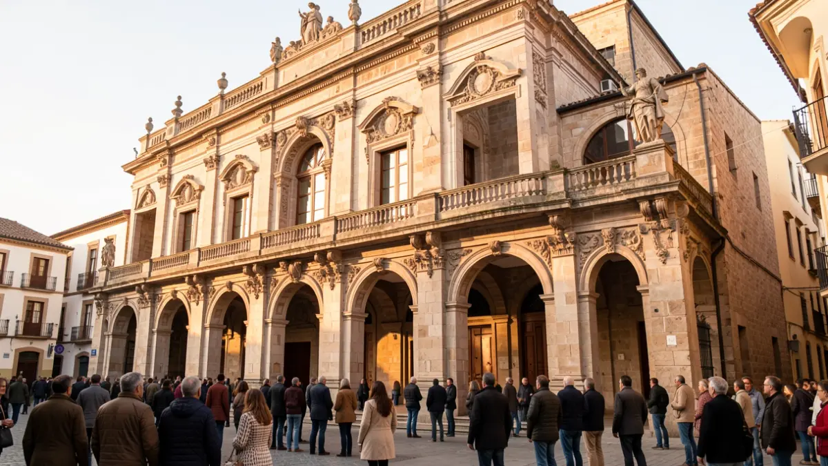 Facade of the Teatro Salón Cervantes in Alcalá de Henares during an institutional event.