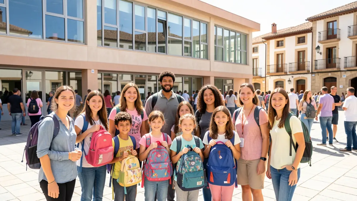 Generic image of students with backpacks in front of a school in Spain.