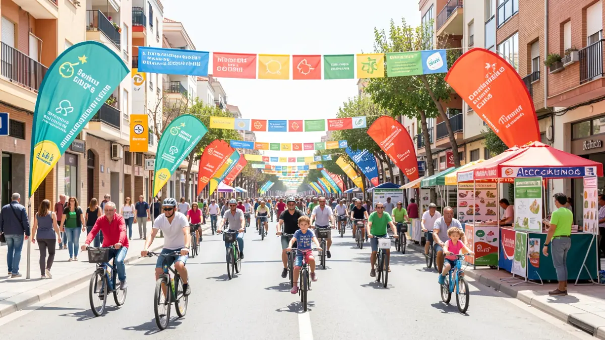 Generic image of a sustainable mobility event in Alcobendas with families participating in a cycling march and road safety activities.