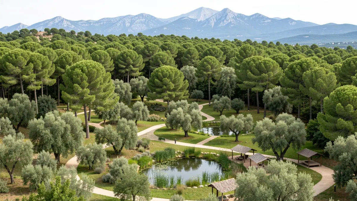 Imagen genérica de un gran parque forestal con árboles, arbustos y estanques, construido sobre una colina restaurada, con vistas a la sierra.