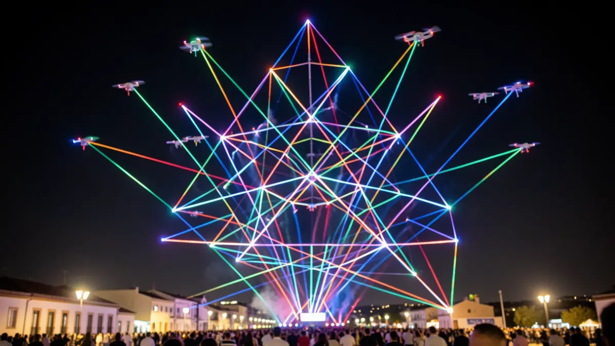 Espectáculo de drones iluminando el cielo nocturno de Alcorcón con figuras geométricas y luces LED vibrantes.