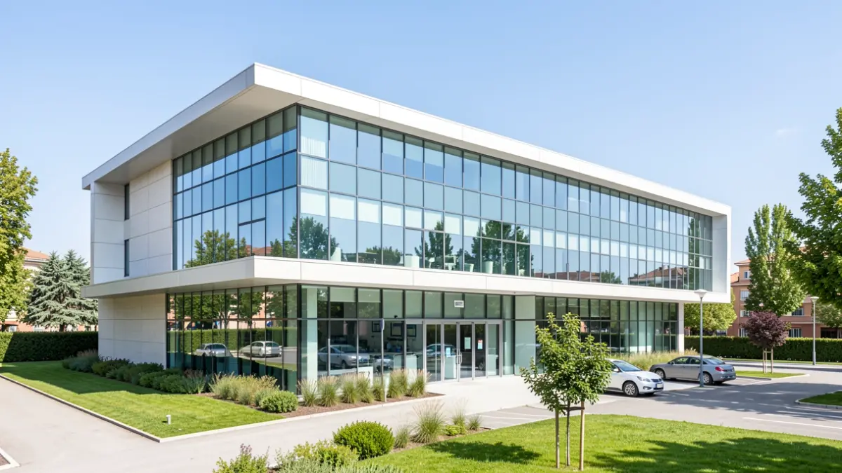Generic image of a modern biomedical research center in the outskirts of Madrid.