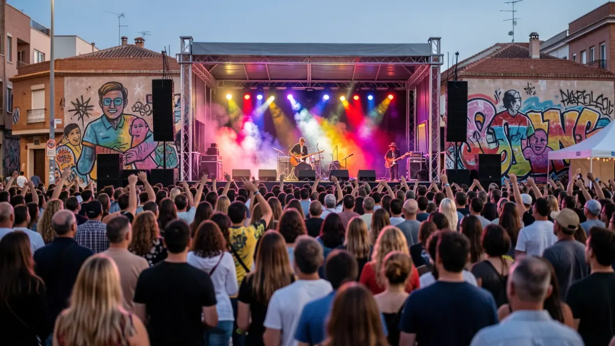 Generic image of an urban music festival in Alcorcón with audience and stage at dusk.