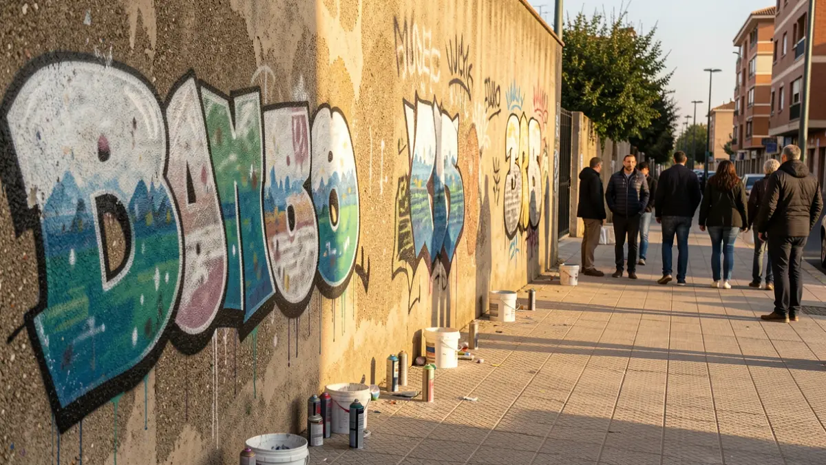 Imagen de un mural de arte urbano en proceso de creación en Alcorcón.