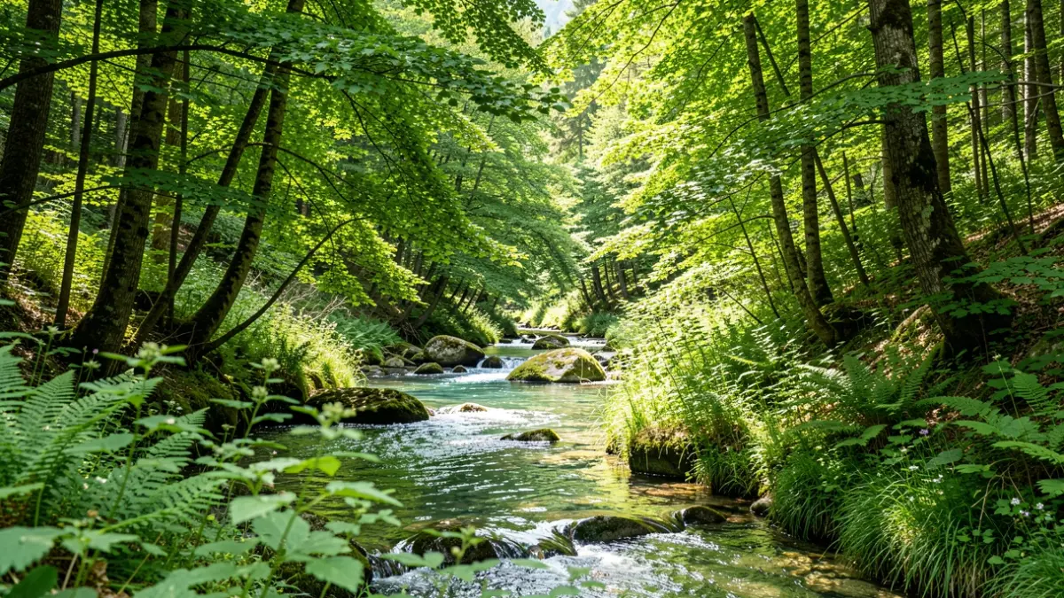 Image of a lush forest in the Sierra de Guadarrama with a crystal-clear stream.