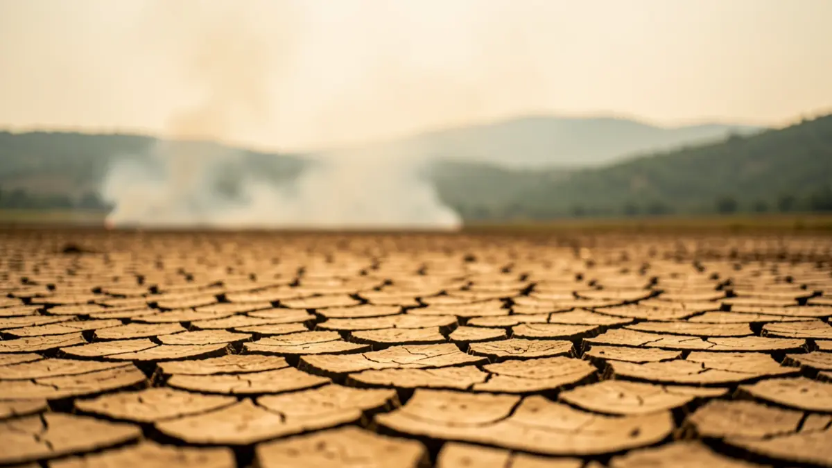 Imagen genérica de tierra agrietada y cielo brumoso, indicando alto riesgo de incendio.