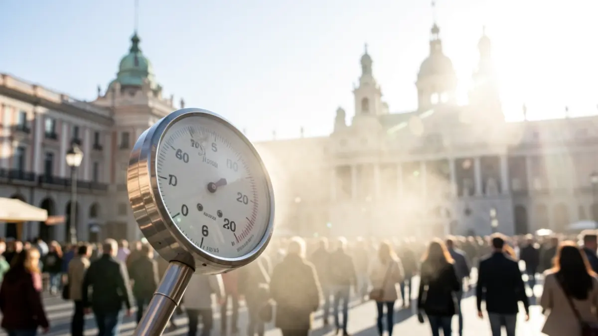 Termómetro marcando alta temperatura con el Palacio de Cibeles al fondo en Madrid.