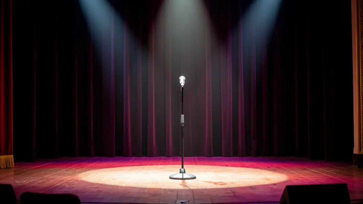 Imagen genérica de un escenario de teatro vacío con un micrófono.