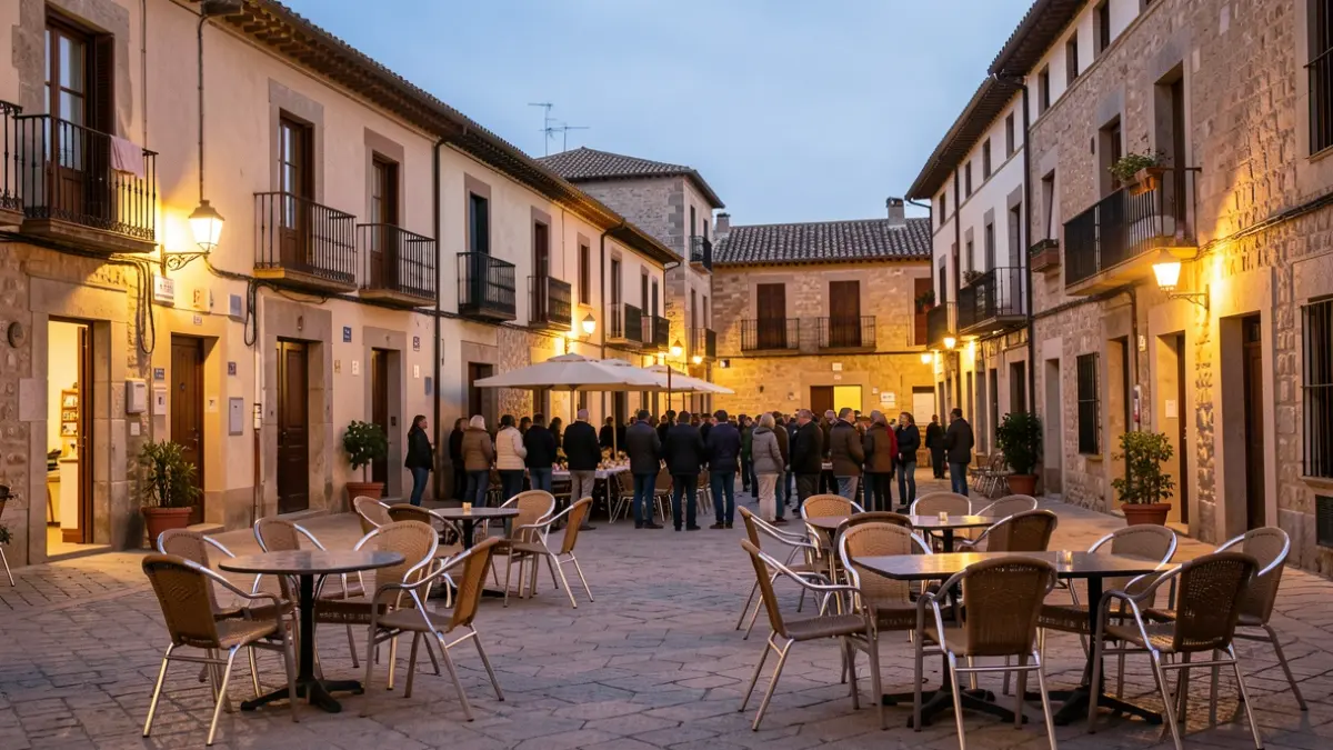Imagen genérica de una plaza de pueblo español al anochecer, con mobiliario urbano y arquitectura tradicional.