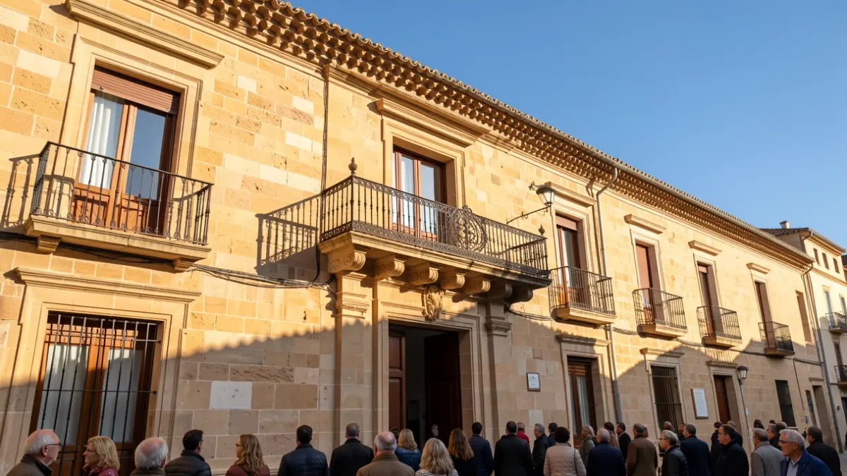 Facade of a traditional stone town hall with balcony and iron railings, warm afternoon sunlight casting shadows on the sandstone walls, blue sky.