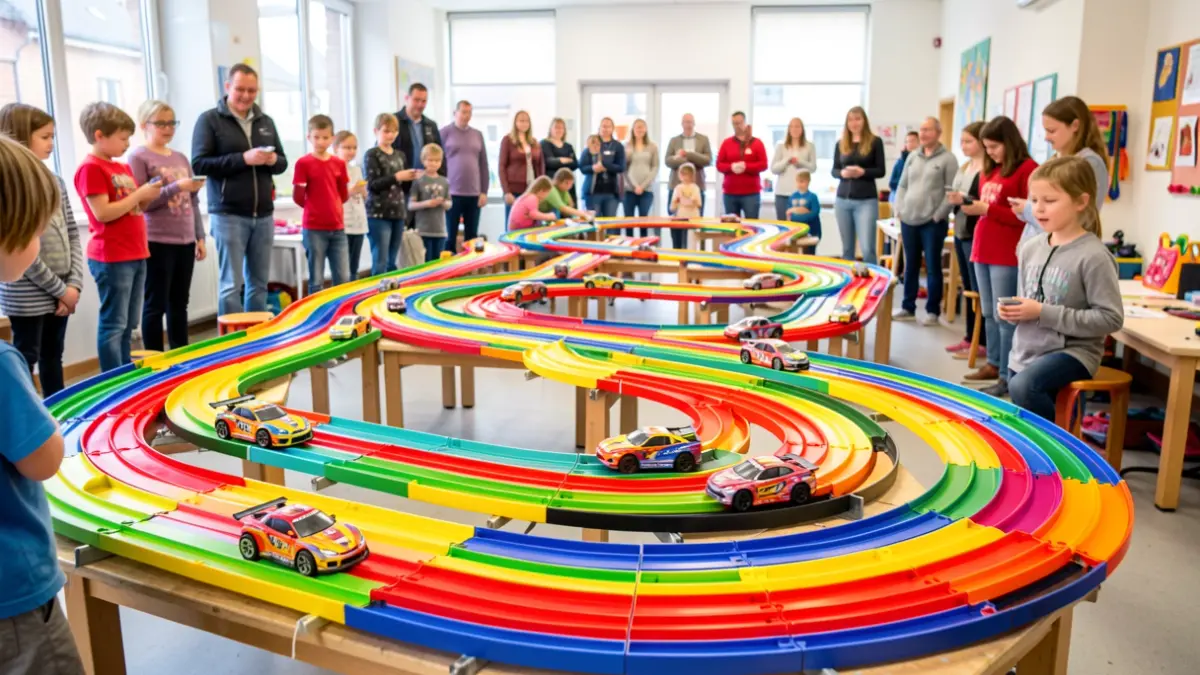 Large Scalextric track set up at the Alpedrete Youth Center for a family leisure event.
