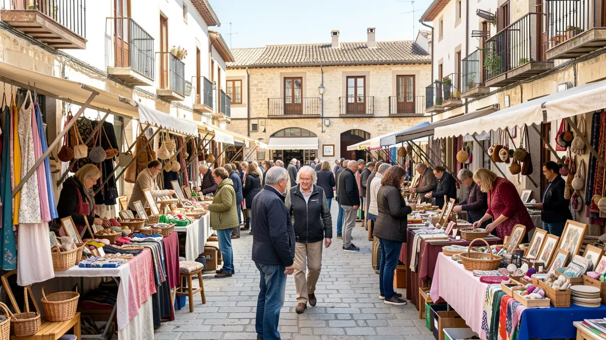 Imagen genérica de un mercadillo de artesanía y segunda mano en una plaza de pueblo español.