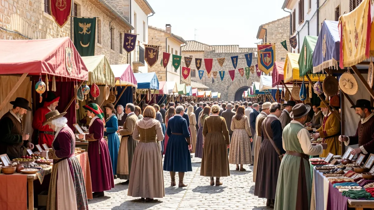 Generic image of a medieval market with jesters and craft stalls.