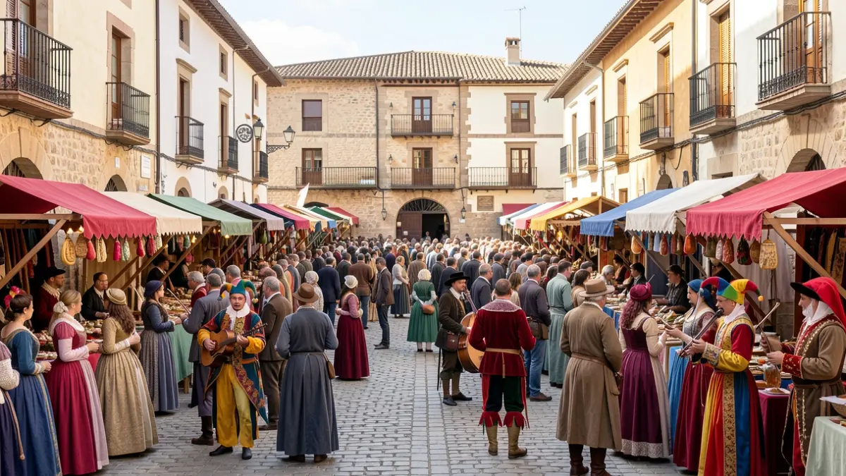 Generic image of a medieval market with stalls, performers, and a crowd in a Spanish square.