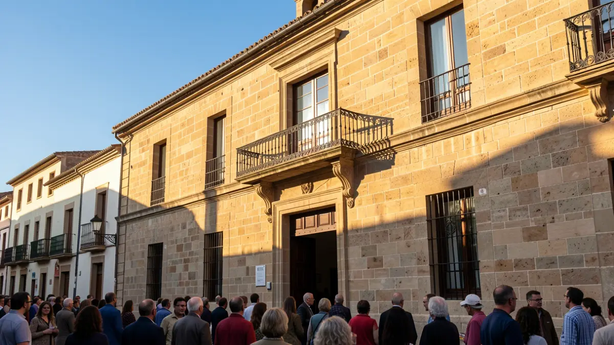 Fachada de piedra de un ayuntamiento tradicional español con balcón y barandillas de hierro, luz cálida de la tarde.