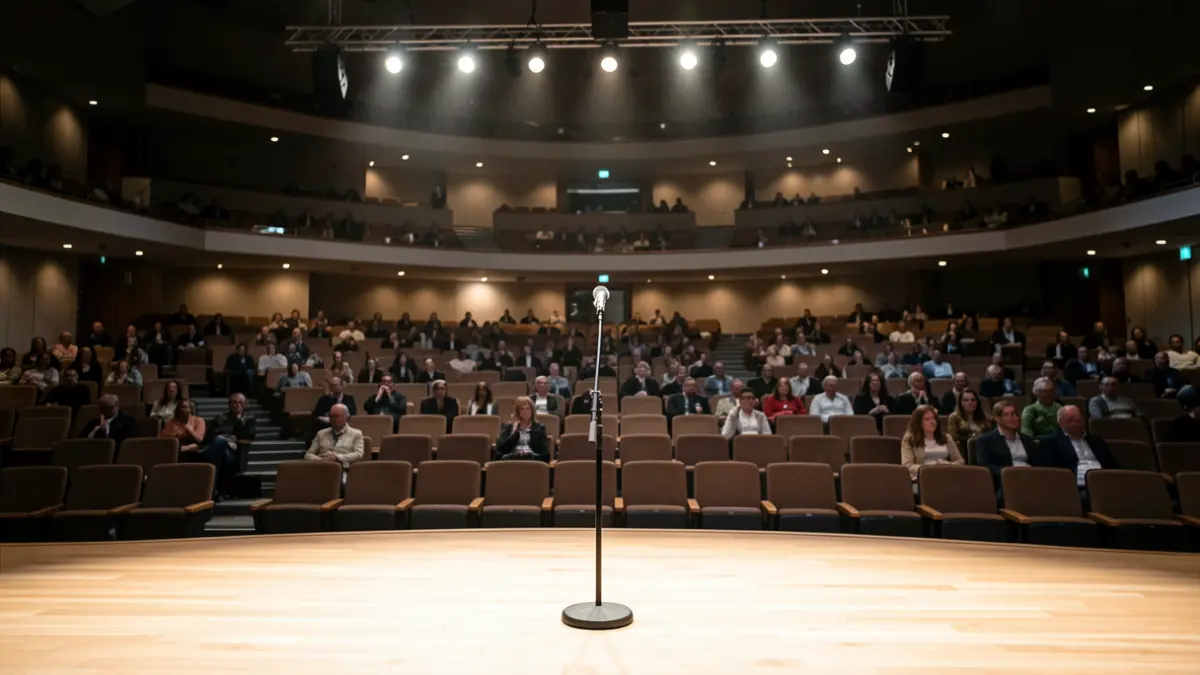 Imagen genérica de un auditorio vacío con el escenario iluminado.