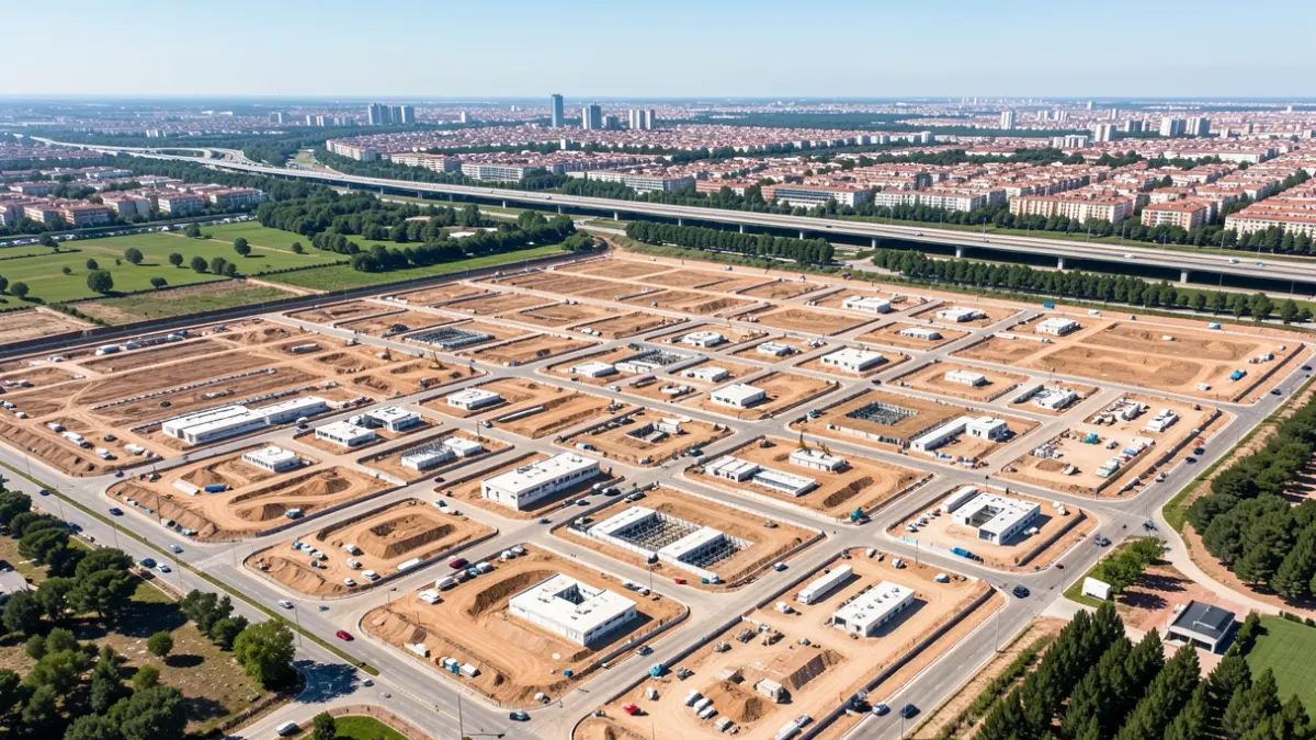 Vista aérea de un gran proyecto de desarrollo urbanístico en construcción con la autovía A-5 al fondo, en las afueras de Móstoles.